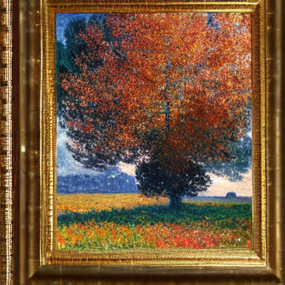 a black tree with golden leaves painted by Monet, autumn